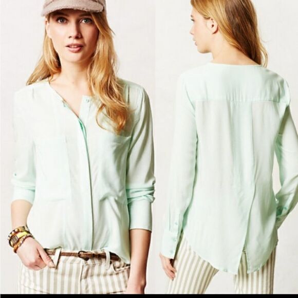 ANTHROPOLOGIE Maeve blouse Clara blue button‎ up split back bird shirt 4 - Picture 8 of 8